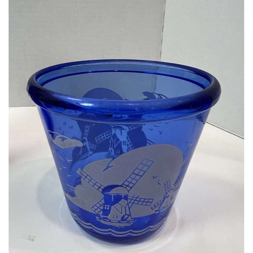 Vintage Hazel Atlas Cobalt Blue Windmill Cocktail Shaker ice bucket 4 glasses